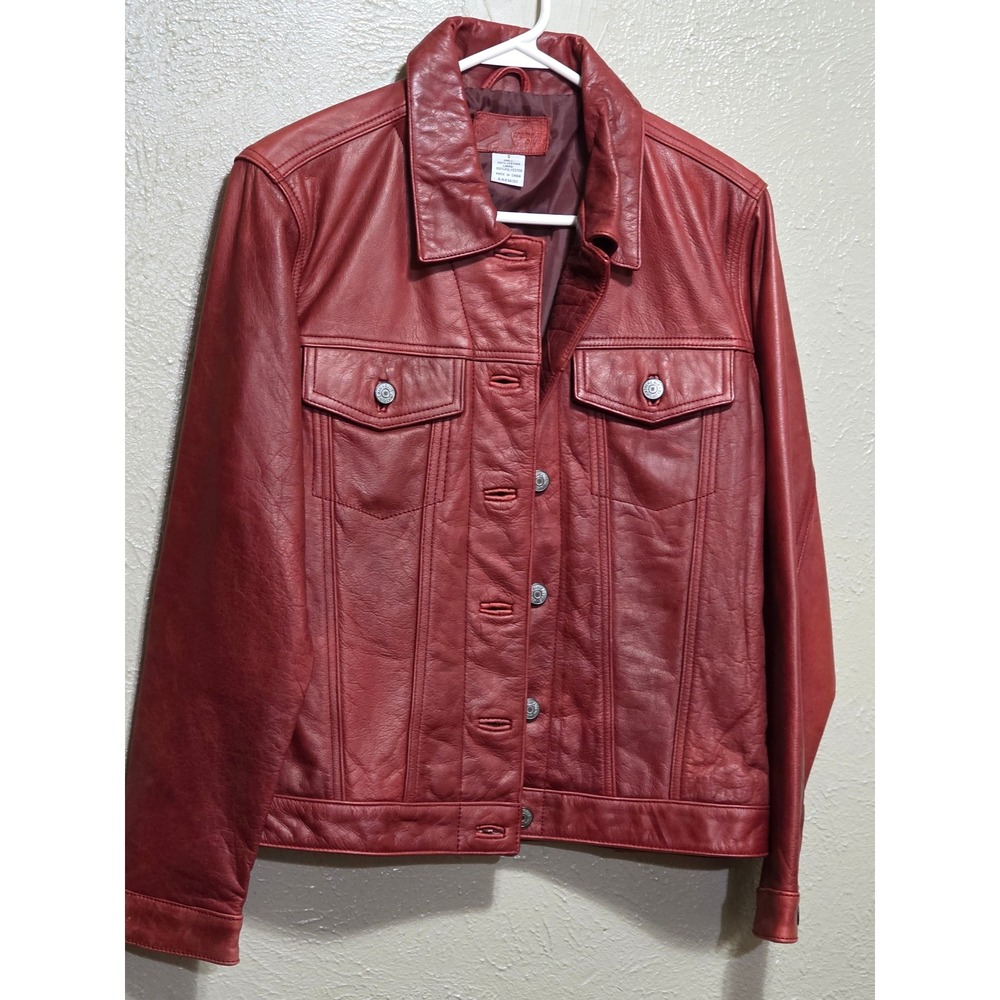 Xtreme Blues Brick Red Genuine Leather Trucker Jean Jacket Womens Small moto